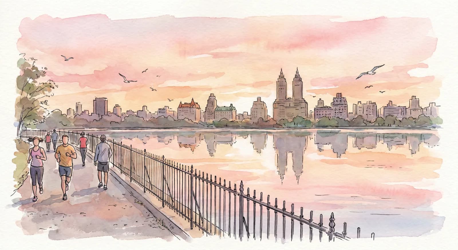 Dawn over the Jacqueline Kennedy Onassis Reservoir in Central Park, the Manhattan skyline reflected on the calm water and a few early walkers on the cinder path