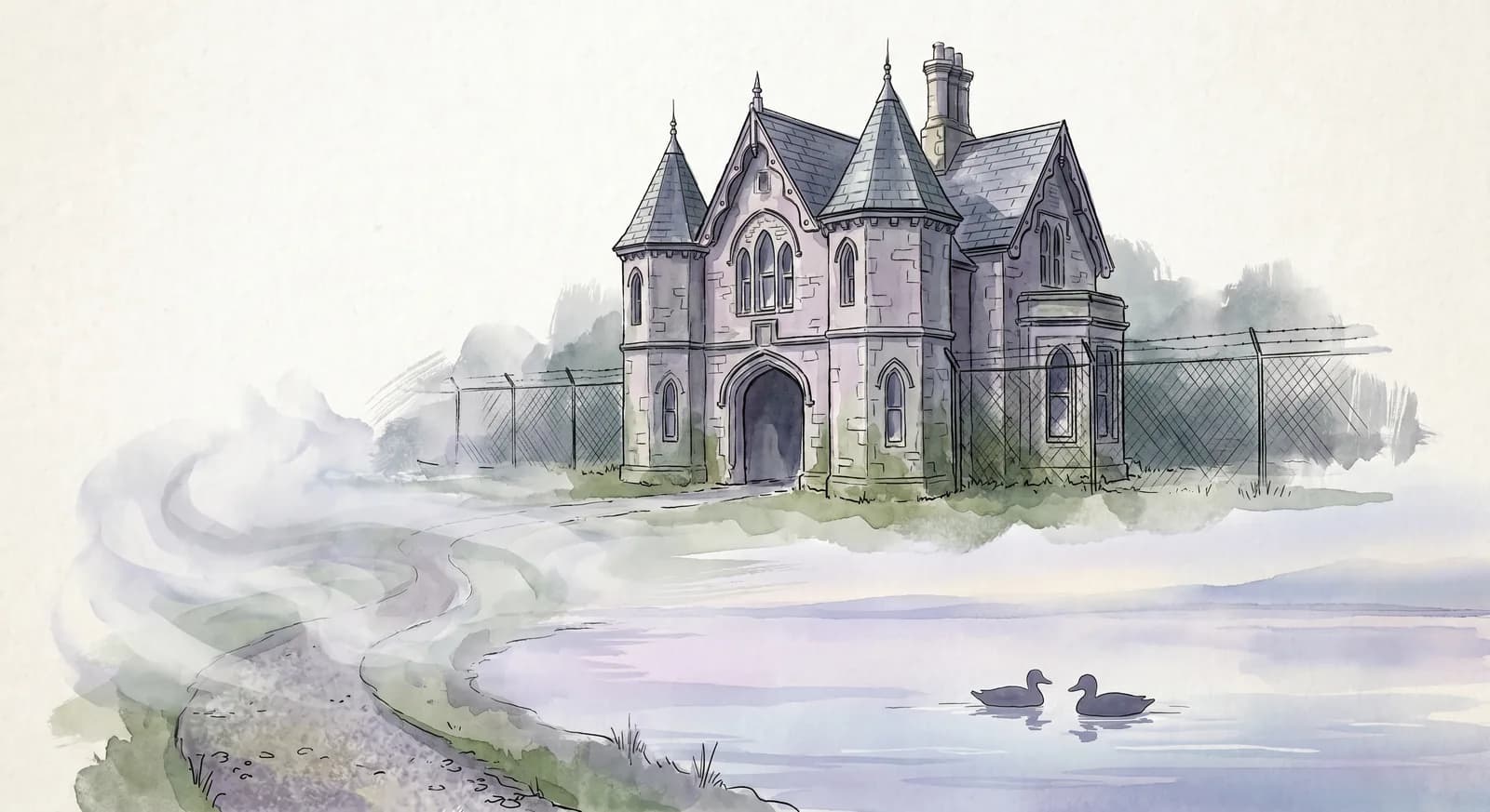 The south gatehouse of the Central Park reservoir at dawn, Victorian stone gatehouse with arched windows and the path curving away