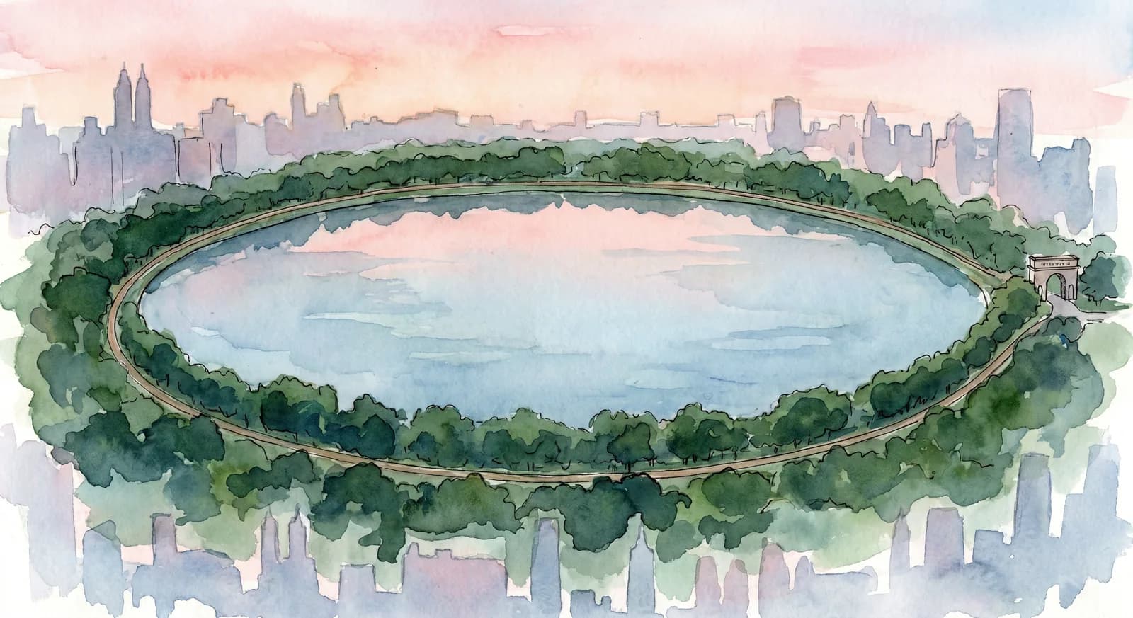 Aerial perspective view of the Central Park reservoir, the running path tracing a near-perfect loop ringed by trees and framed by Manhattan skylines