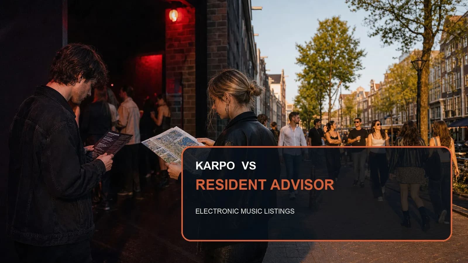Karpo versus Resident Advisor in a photorealistic editorial city comparison.