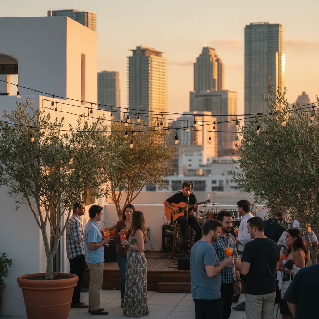 Golden-hour view from a Miami rooftop bar with the downtown skyline behind lounge seating and string lights