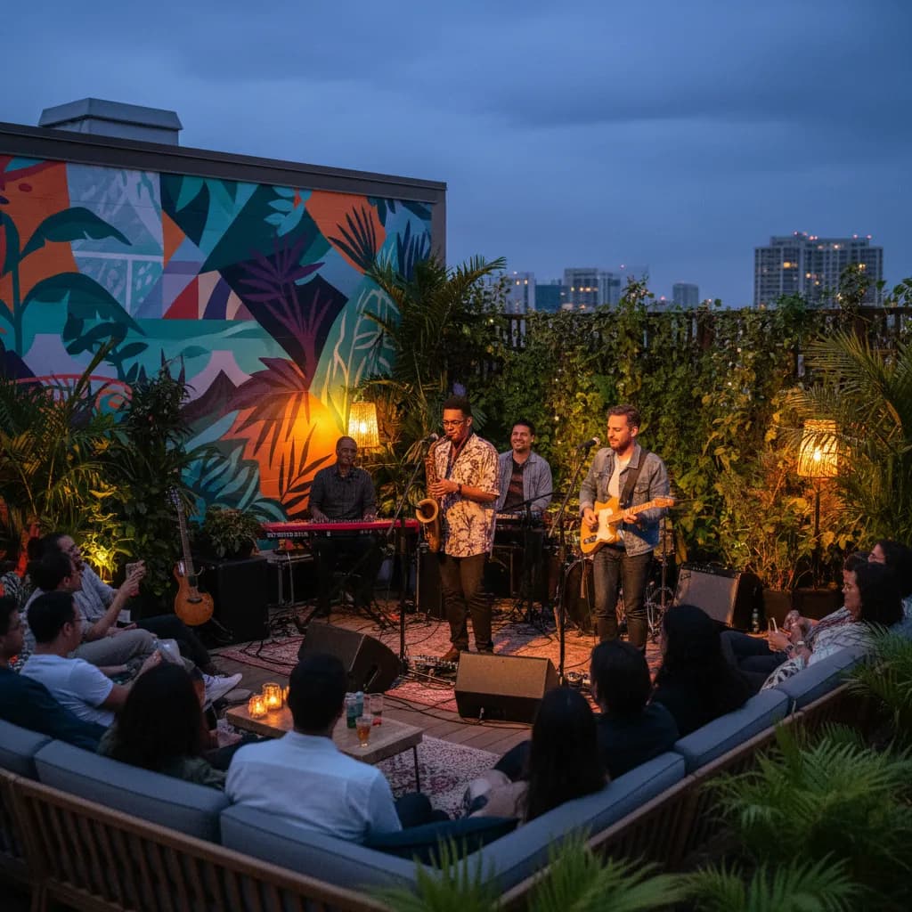 Live band playing at dusk on a plant-filled Wynwood rooftop with a crowd gathered near the stage