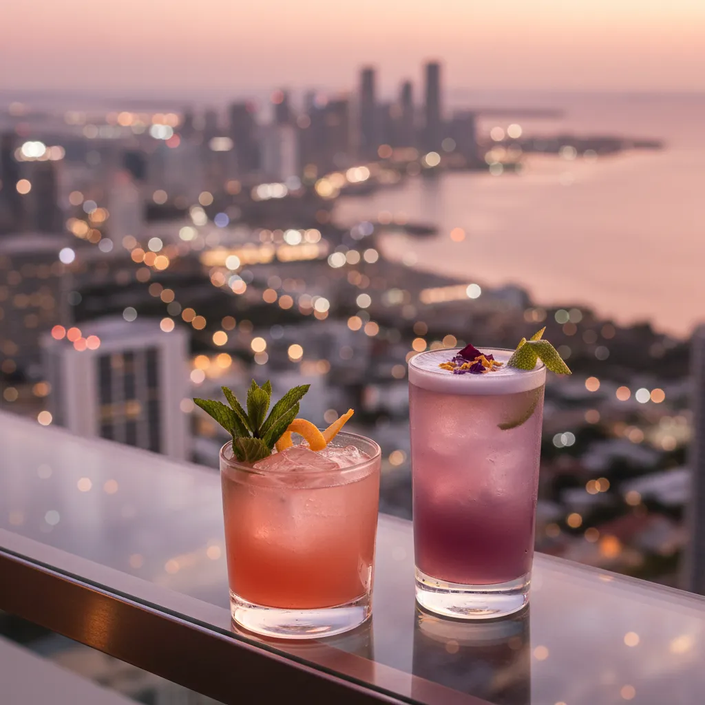 Two cocktails on a rooftop bar rail overlooking the Miami skyline and bay at night