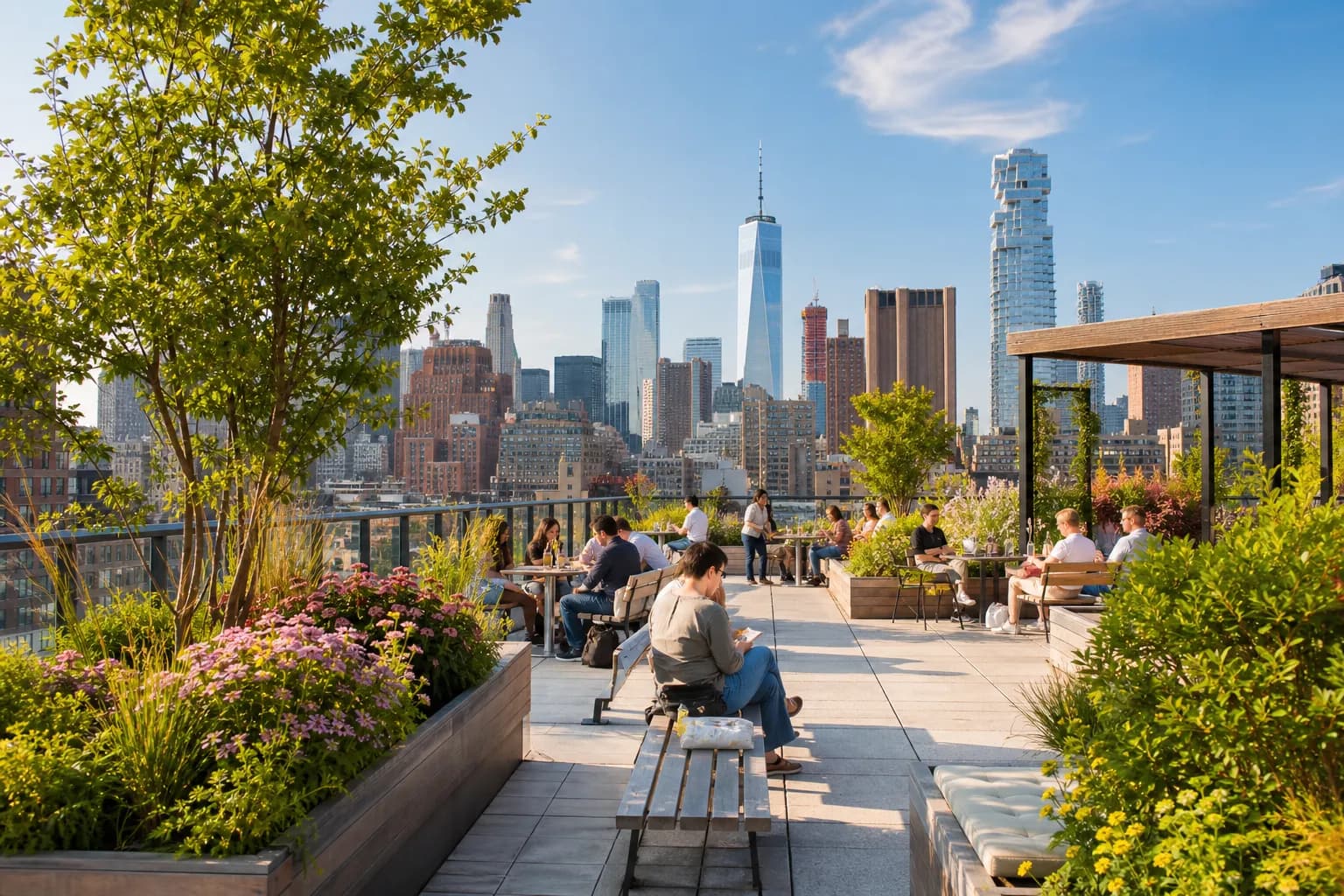 A bright NYC public rooftop garden terrace with skyline view
