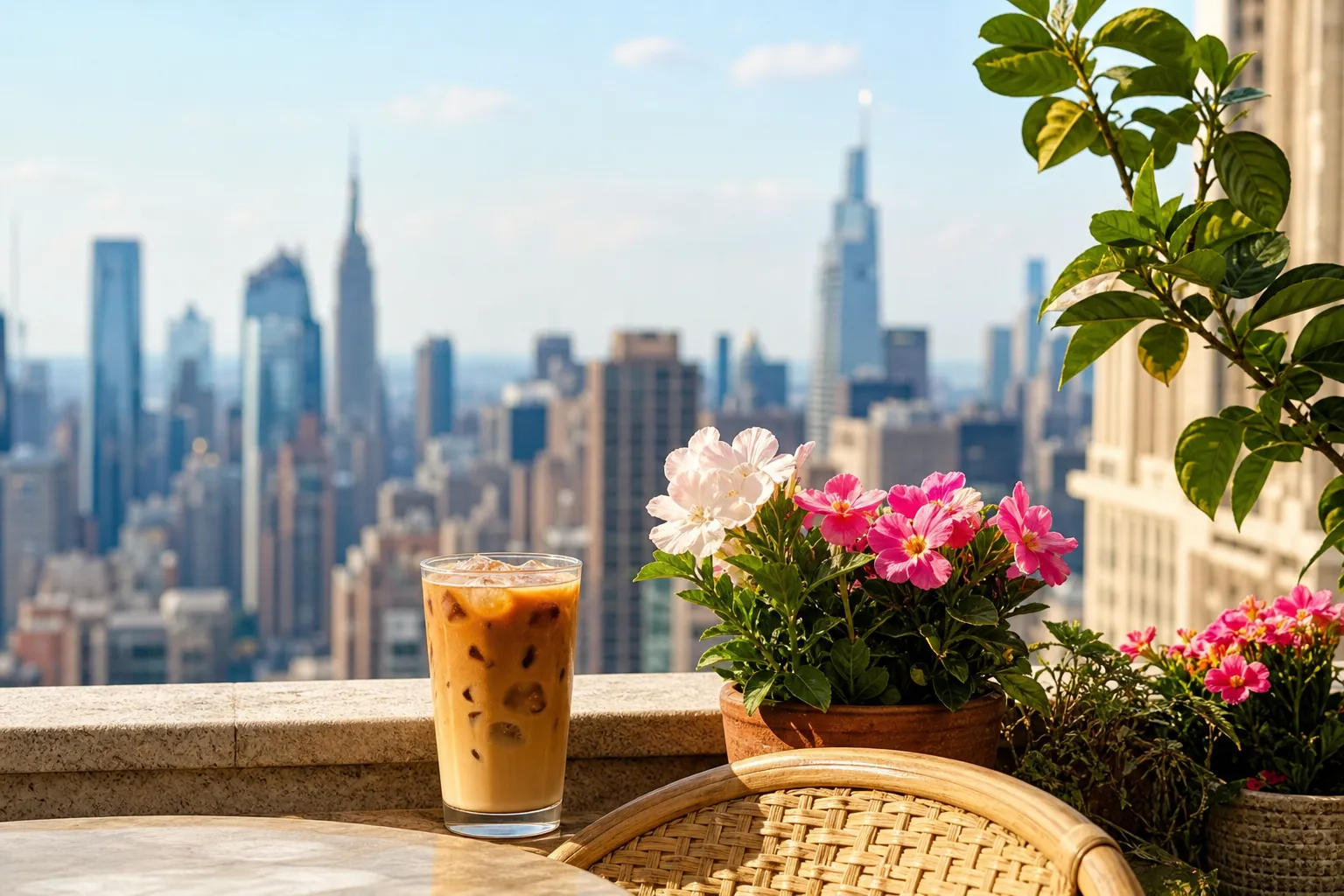 Terrace flowers, railing, iced coffee, and skyline blur