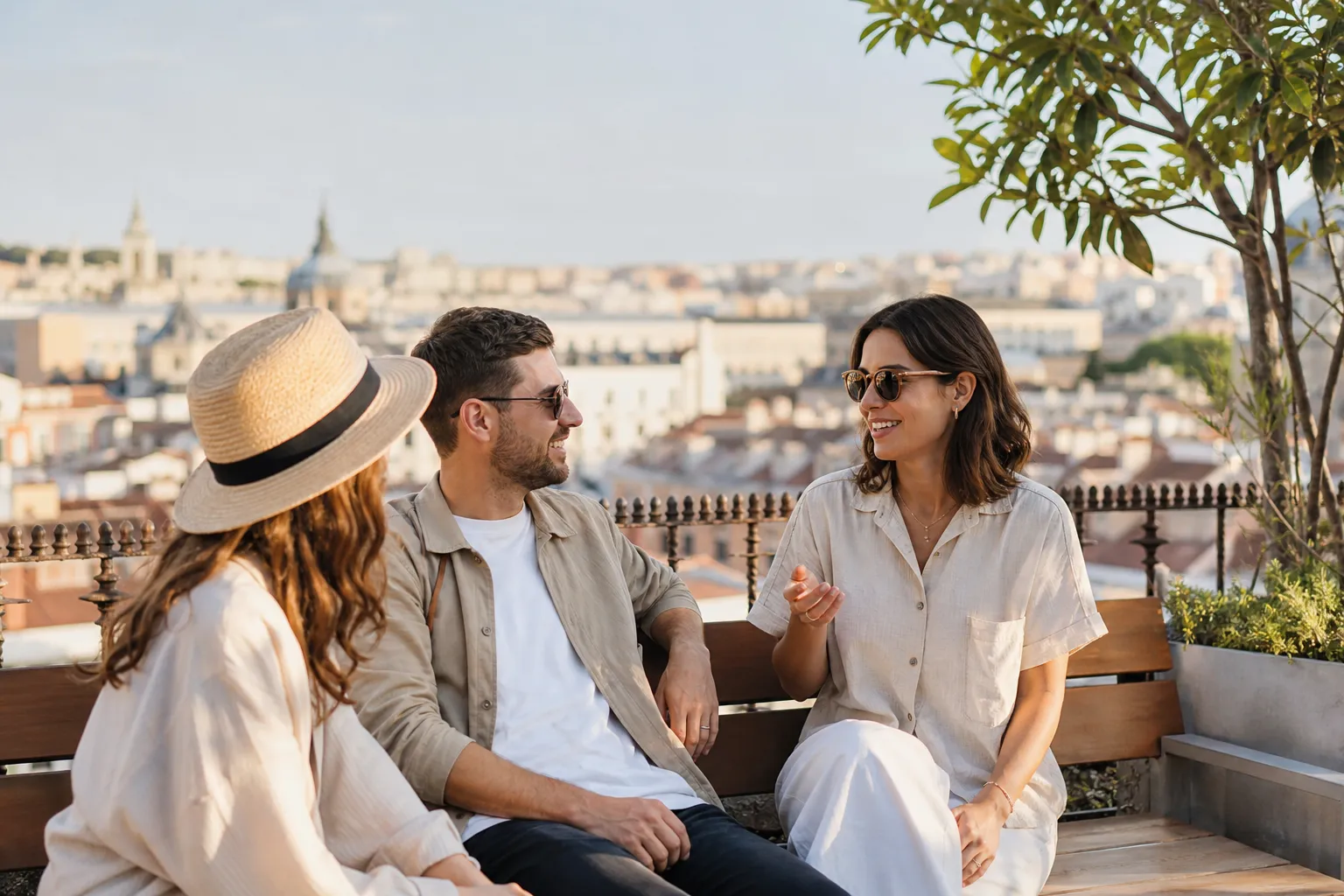 Small group sitting on a public terrace bench with city view