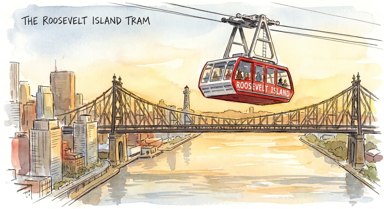 Roosevelt Island Tram crossing the East River at golden hour with Manhattan skyline behind