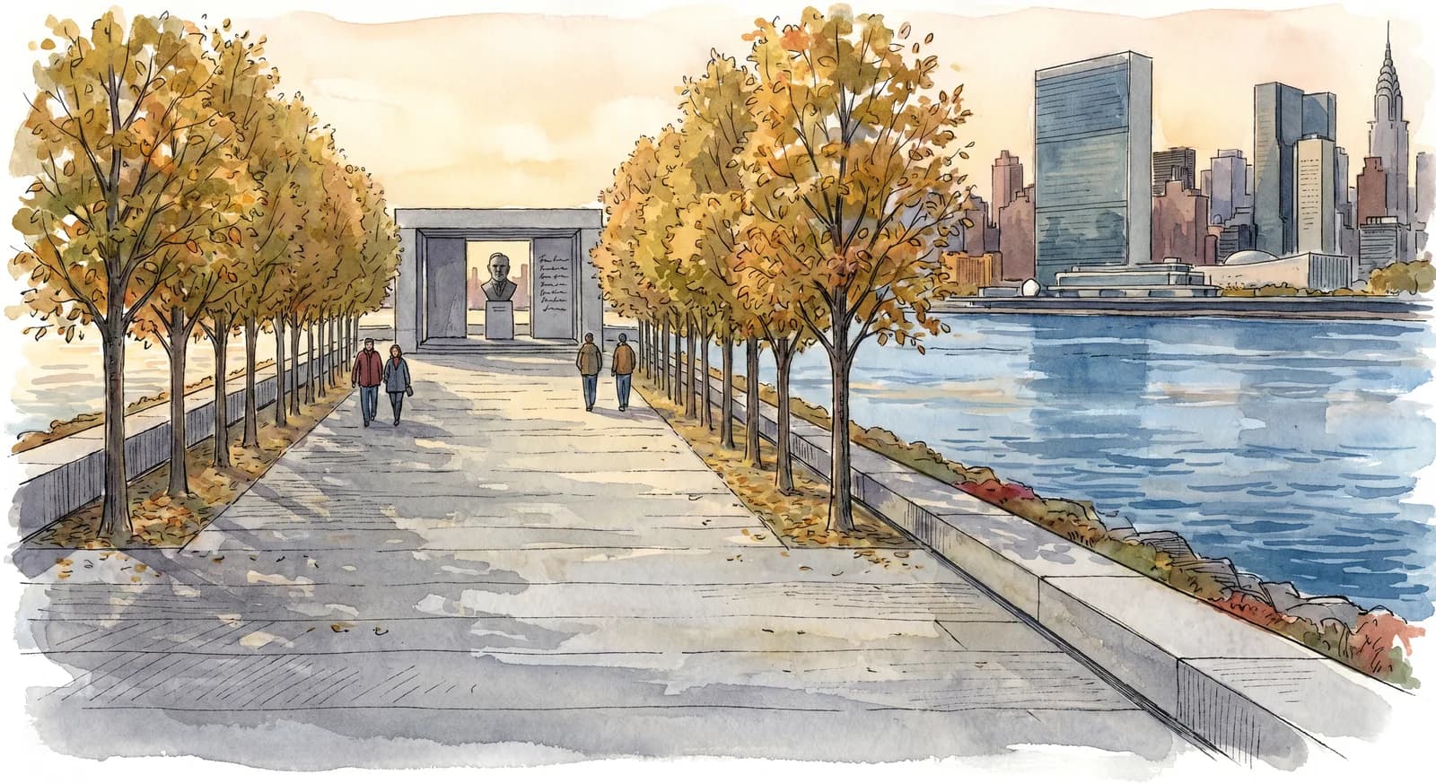 The Four Freedoms Park at the south tip of Roosevelt Island, designed by Louis Kahn — granite plaza framed by linden trees with the United Nations skyline across the East River