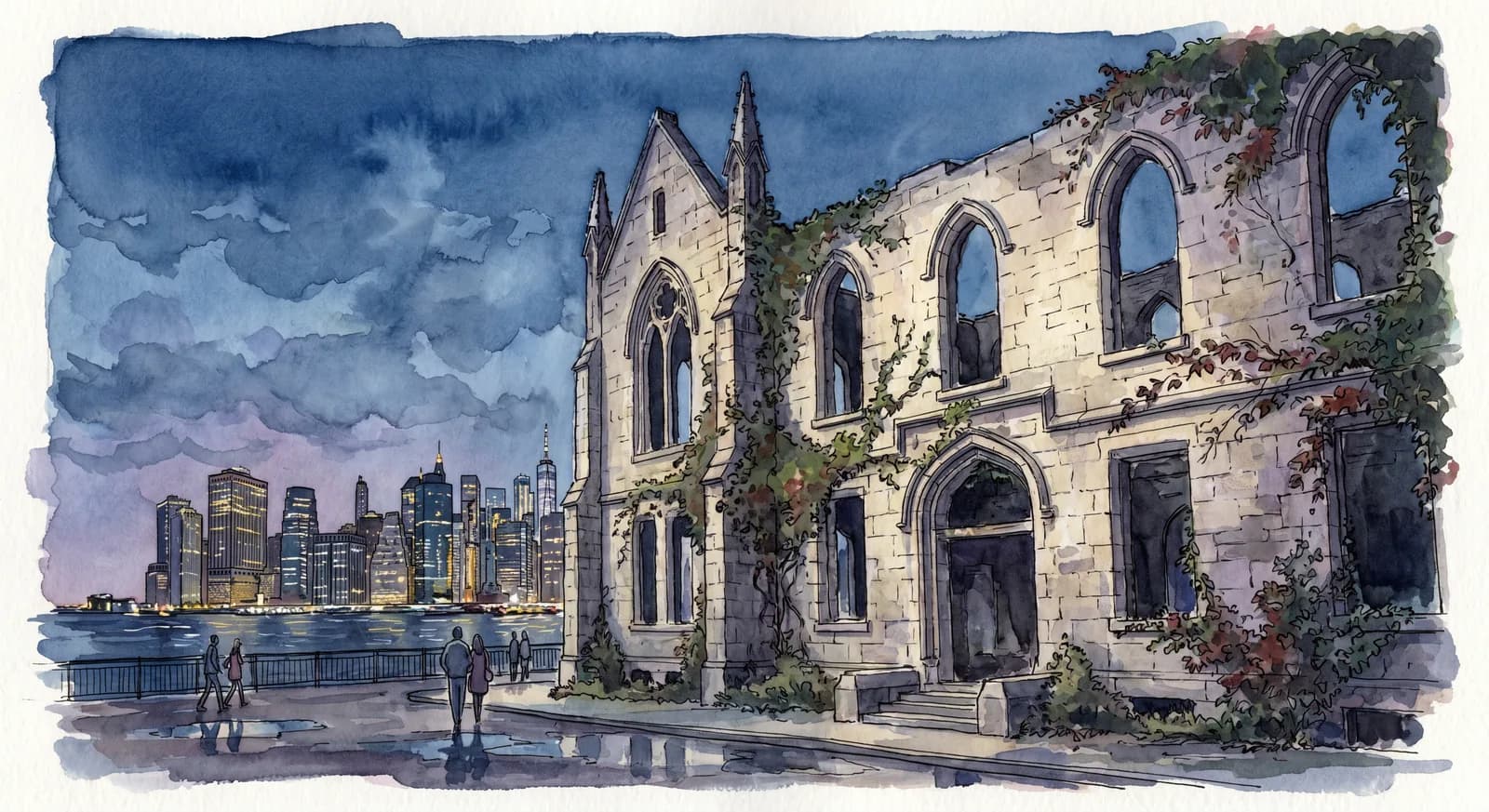 Smallpox Hospital ruin at the south end of Roosevelt Island lit at dusk, Gothic stone walls and Manhattan skyline behind