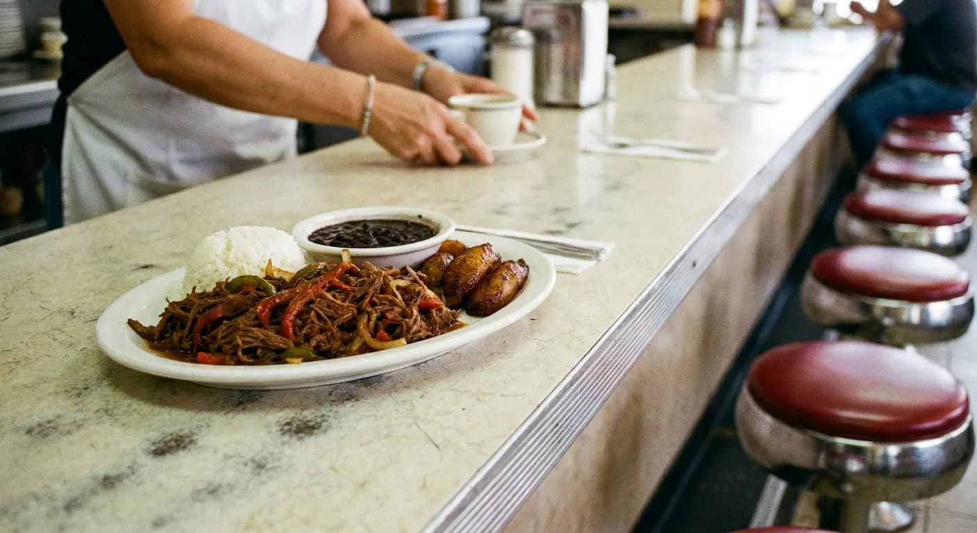 Plate of ropa vieja with white rice, black beans and sweet plantains on a formica Cuban cafeteria counter in Miami