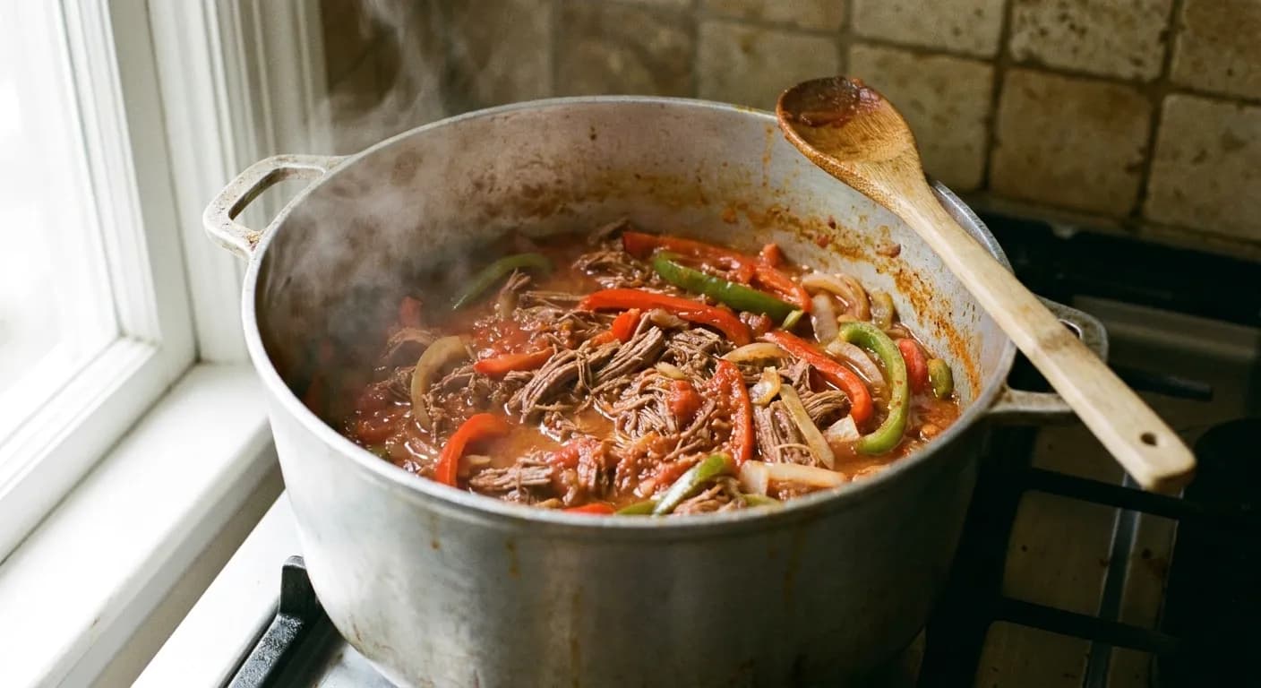 Overhead view of ropa vieja braising in an aluminum pot with peppers and onions in red sofrito