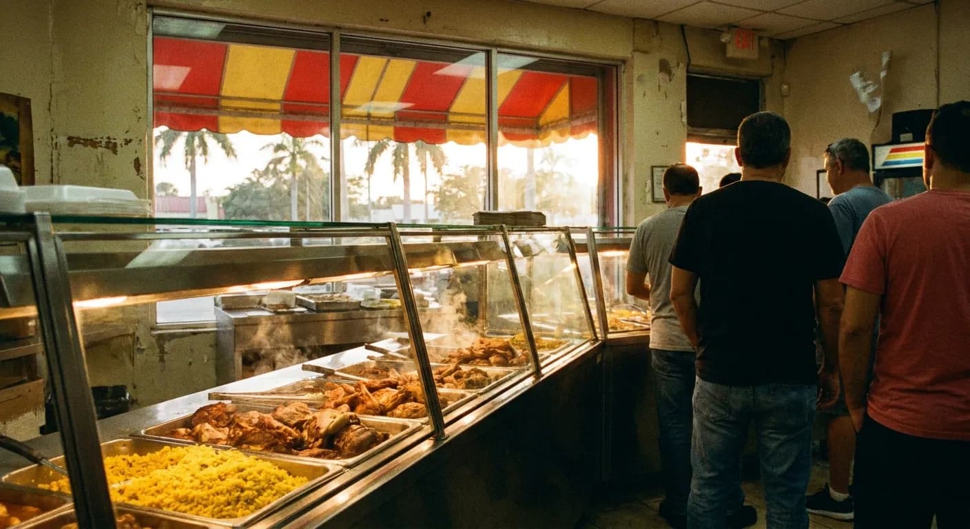 Glass display cases and steam trays of braised meats and rice at a Cuban takeout counter in Miami