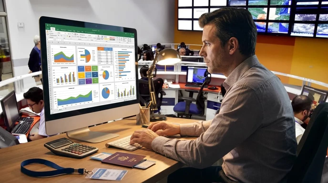 An operations manager reviewing a clean spreadsheet dashboard with travel materials at a realistic desk