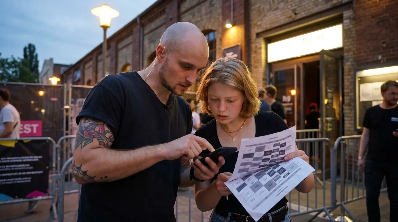 A small operations team reviewing one phone and a printed schedule outside an event venue before changing plans