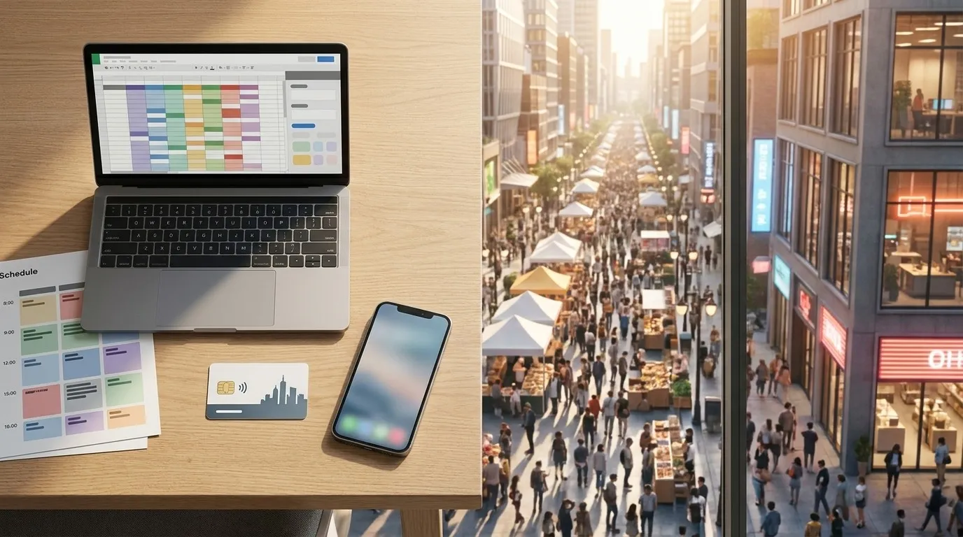 A modern spreadsheet operations desk opening onto a realistic group city plan with one Karpo phone and no text overlay