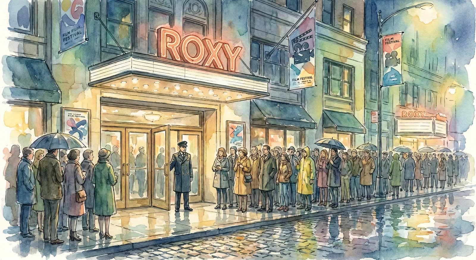 AI-generated watercolor: the Roxy Hotel TriBeCa marquee at 9pm on a Tribeca Film Festival night, red neon glow, doorman, a queue of downtown filmmakers on cobblestones