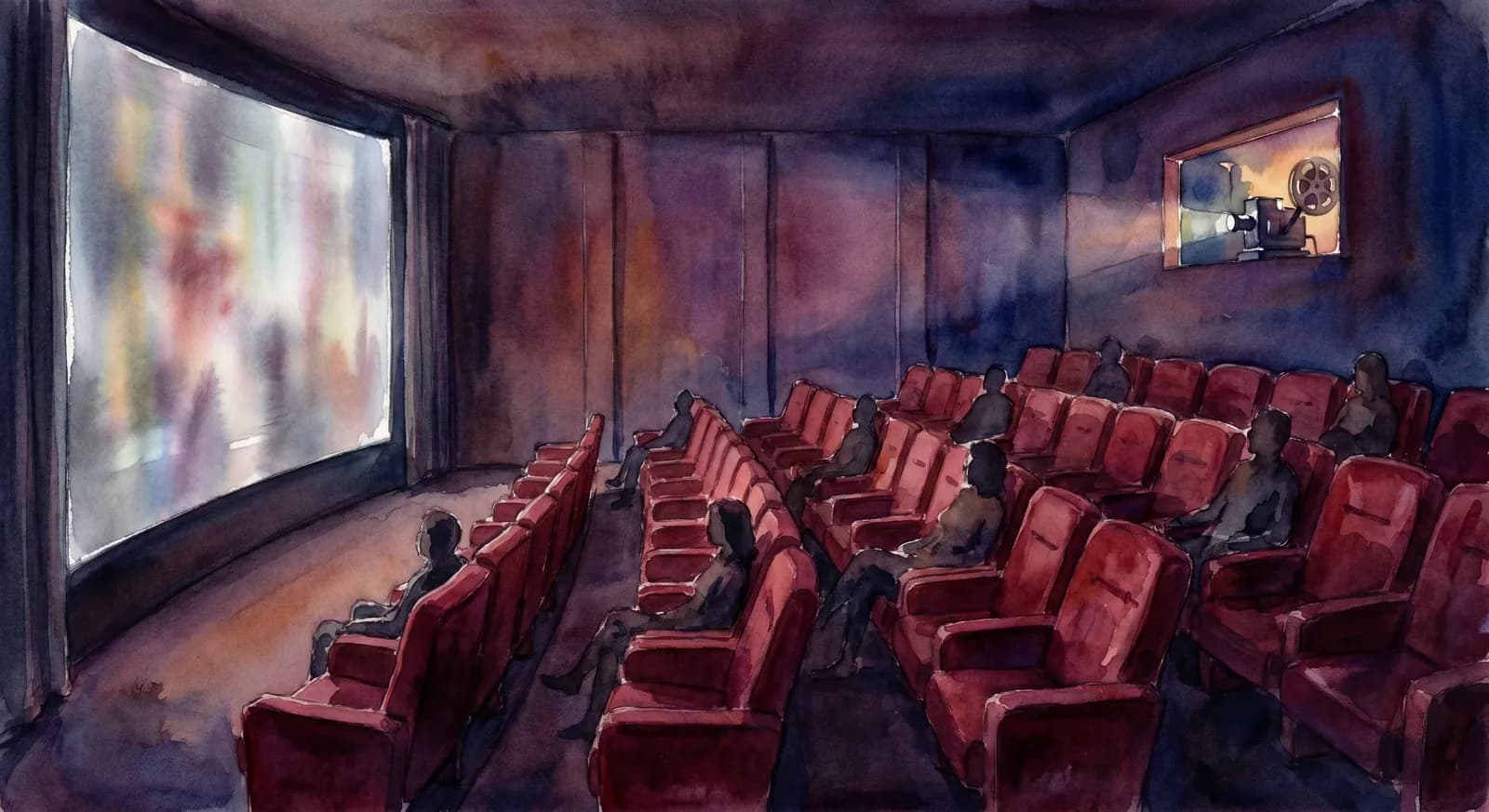 AI-generated watercolor: the basement Roxy Cinema in TriBeCa, 100 plush red velvet seats facing a curved silver screen, 35mm projector booth visible at the rear, audience silhouettes