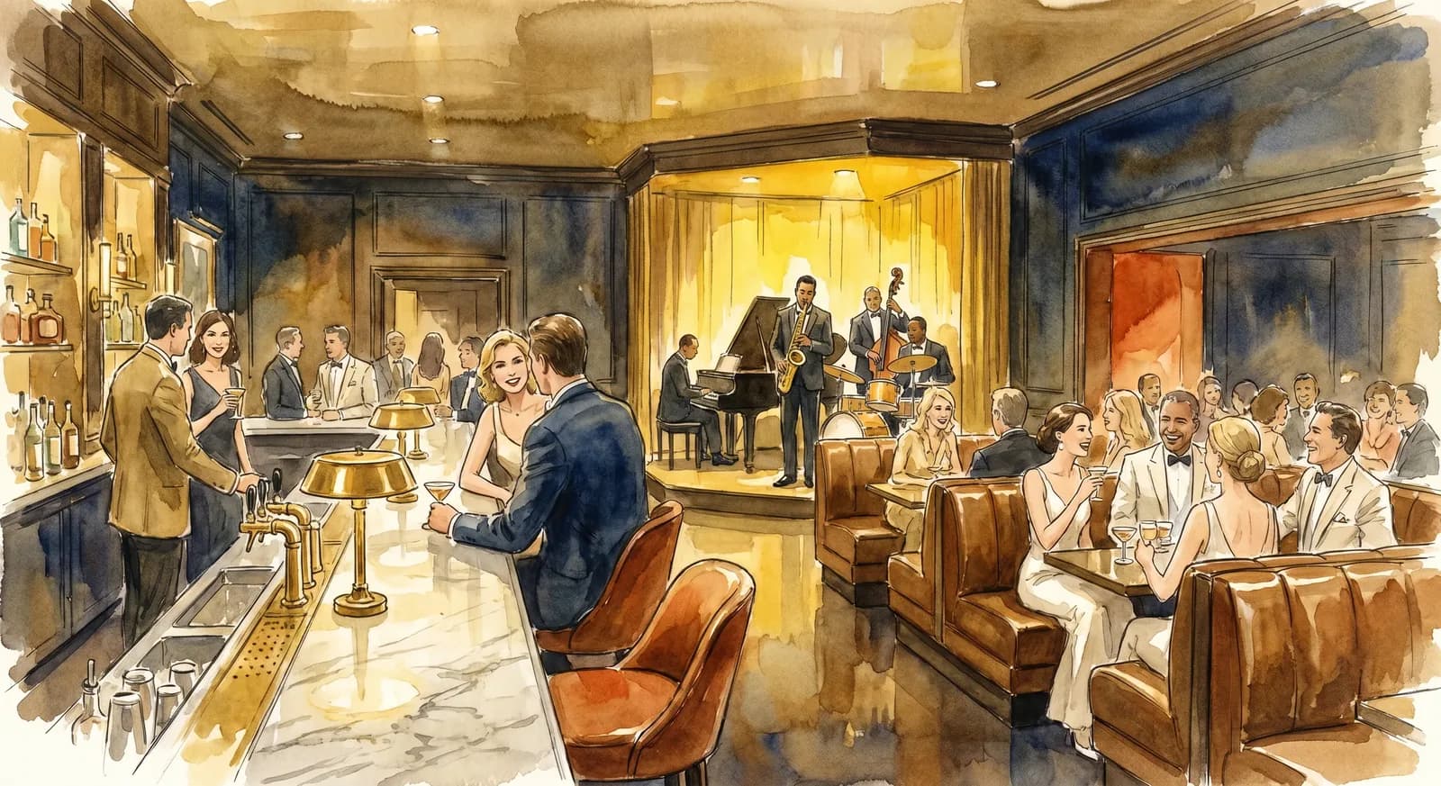 AI-generated watercolor: the dimly-lit lobby bar at the Roxy Hotel TriBeCa, marble bar, brass fittings, leather banquettes, jazz trio, film festival crowd mid-conversation in golden incandescent light