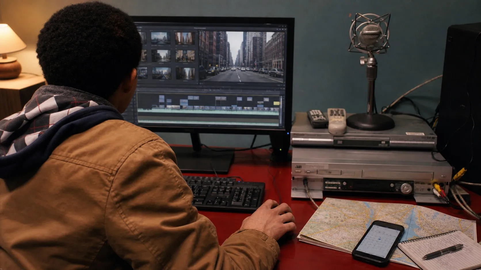 A video creator editing a city shoot while a phone and map keep the real production day organized