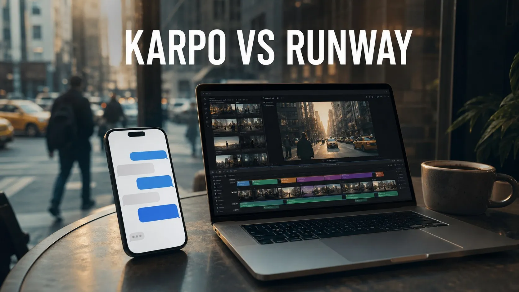 Karpo in iMessage beside a laptop video editor in a photorealistic Karpo versus Runway comparison
