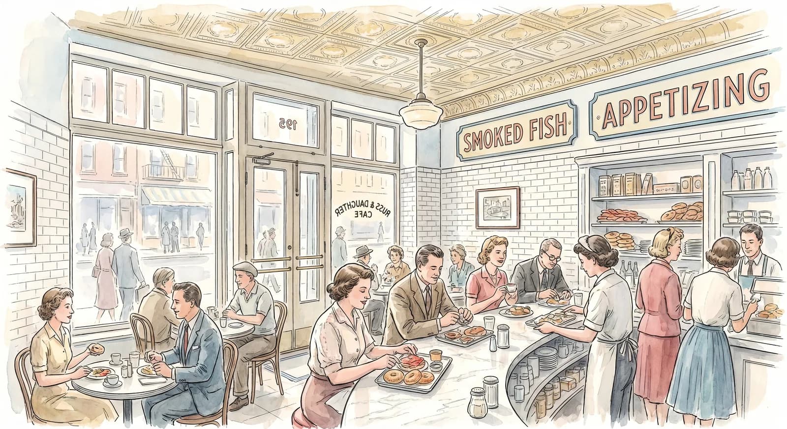 Saturday brunch inside Russ & Daughters Cafe at 127 Orchard Street, tin ceiling and marble counter, platters of smoked salmon and bagels on the tables