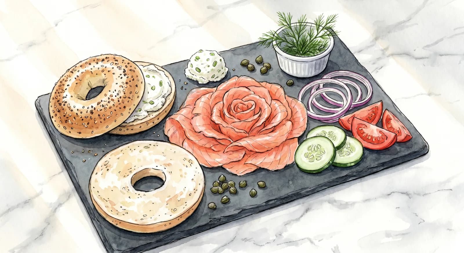 Overhead view of The Classic platter at Russ & Daughters Cafe with rose-sliced Gaspe Nova salmon, everything bagel, and accompaniments on a slate board