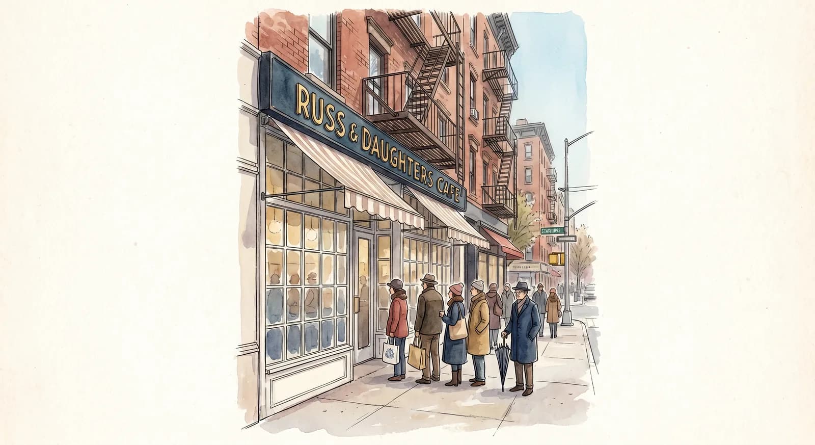 Exterior of Russ & Daughters Cafe at 127 Orchard Street, gold-leaf storefront lettering and a small Saturday morning queue
