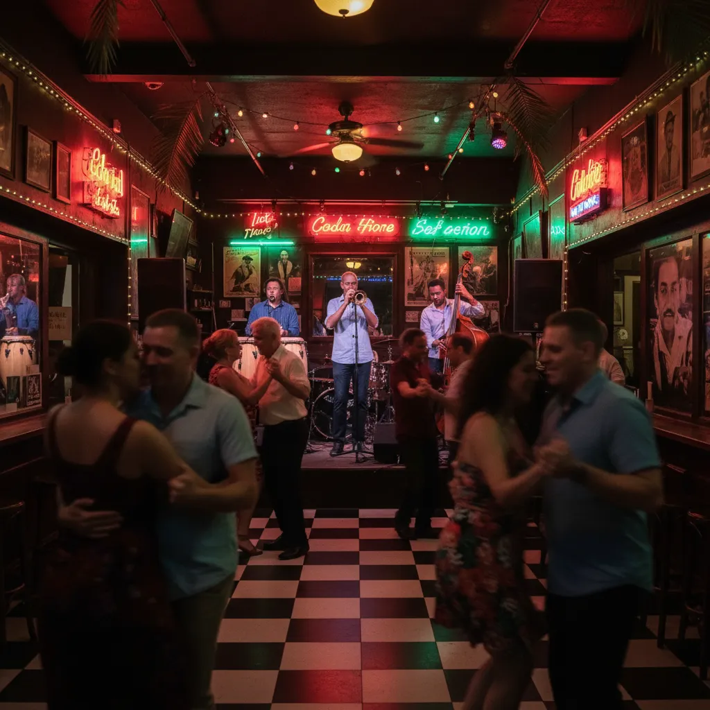 Couples dancing salsa in front of a live band with congas and horns inside a neon-lit historic Cuban bar in Miami