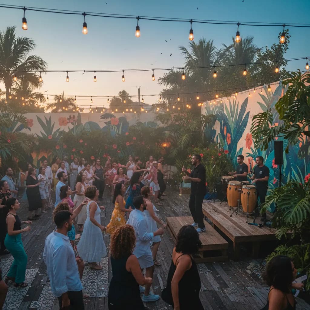 Open-air Miami patio at dusk with string lights where a crowd follows a salsa instructor near a small percussion stage