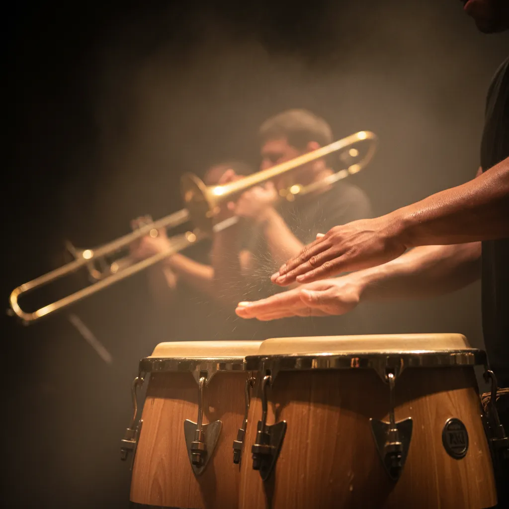 Close-up of a conga player's hands mid-strike under amber stage light with a horn section blurred behind