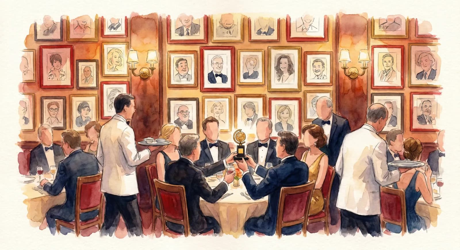 AI-generated watercolor: Sardi's main dining room at 11pm on Tony Awards Sunday, walls of framed caricatures, a Tony statuette on a white tablecloth between dressed-up theater people