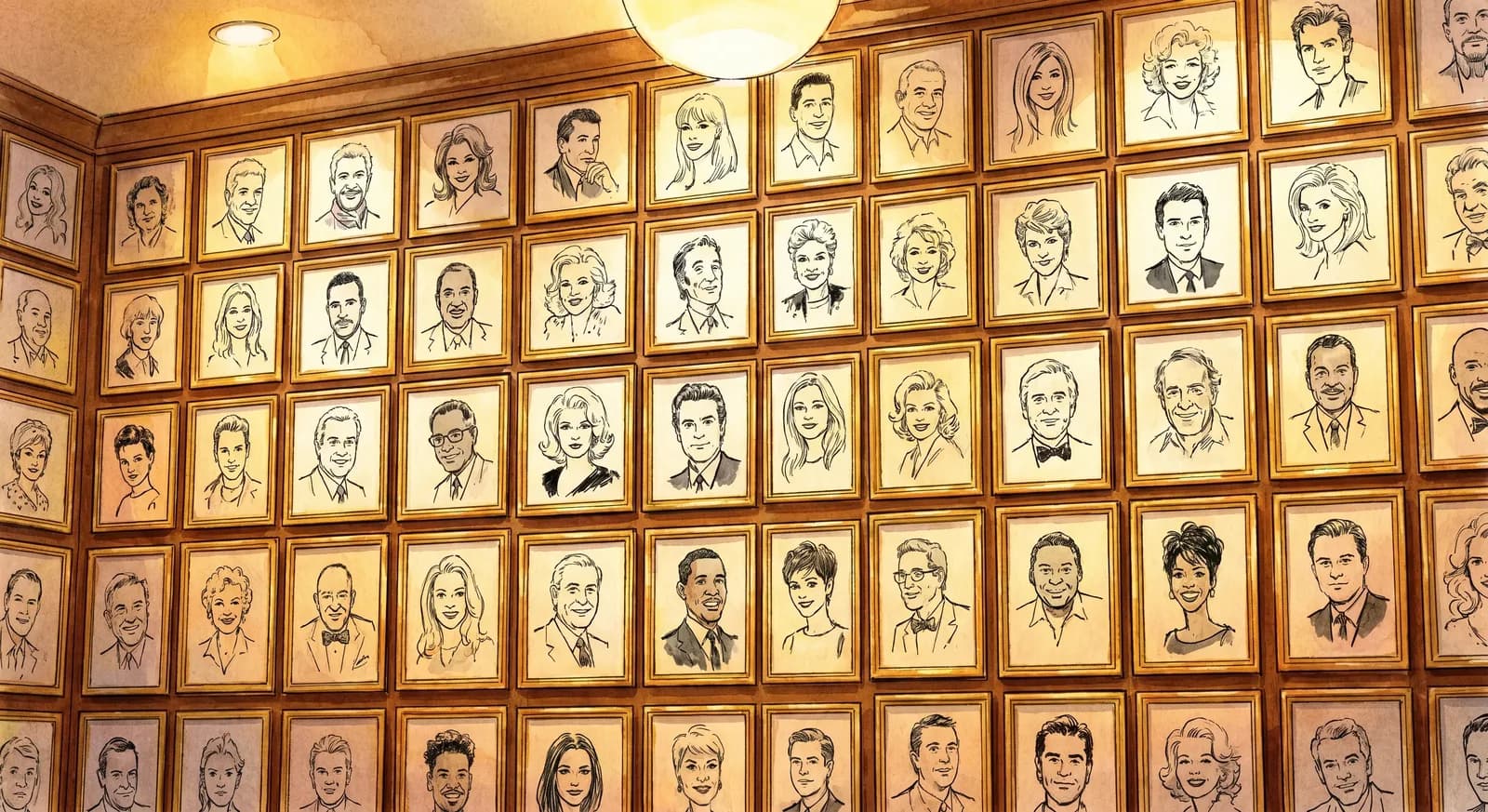 AI-generated watercolor: close-up of the famous celebrity caricature wall at Sardi's — dozens of framed black-line portraits in tight grid pattern, oak paneling, warm tungsten light