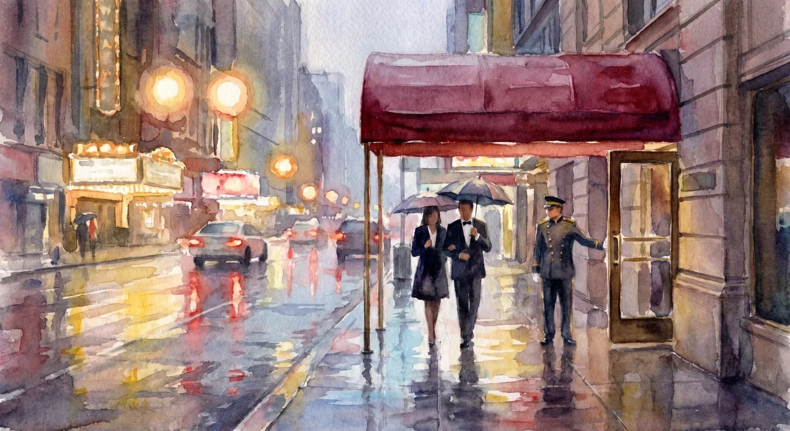 AI-generated watercolor: West 44th Street near Times Square at 11:30pm on Tony Sunday, the red awning of Sardi's mid-frame, two formally-dressed theater people stepping out onto the wet pavement under glowing marquees