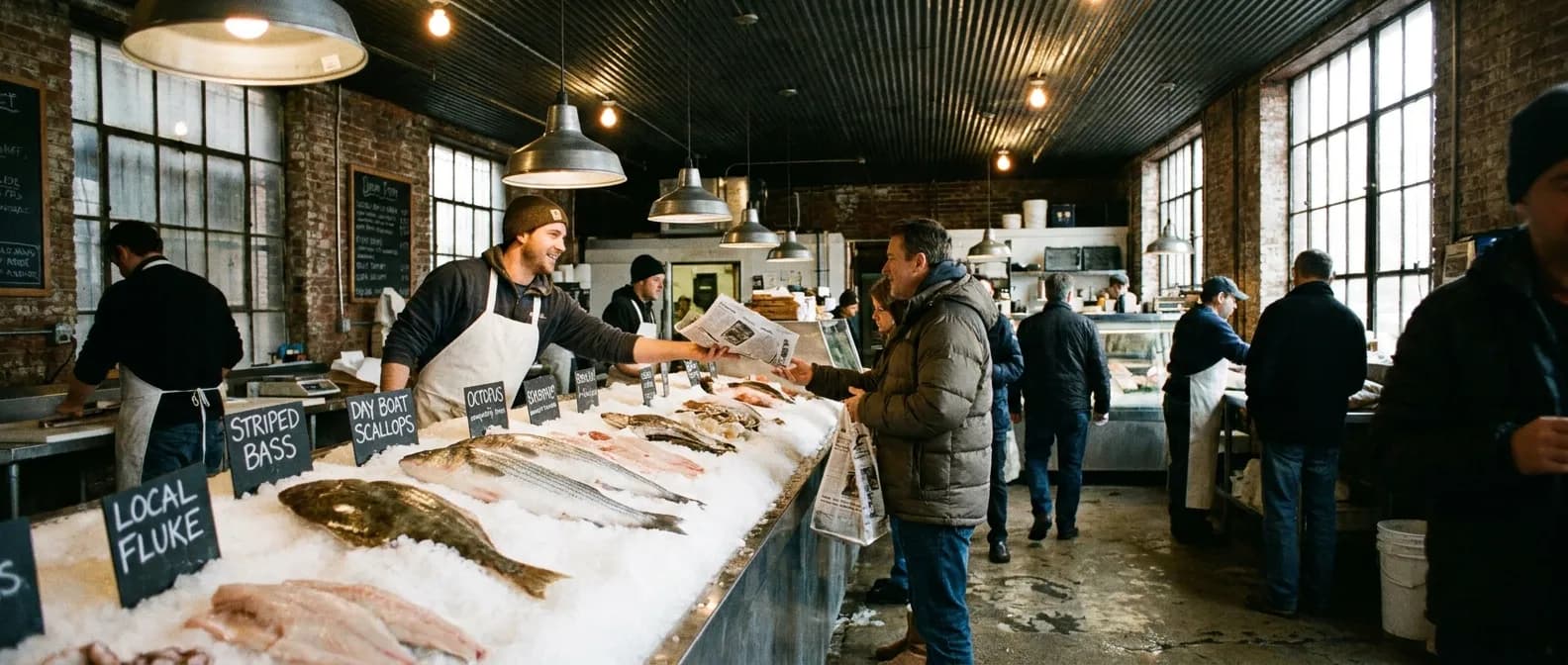 A busy New York seafood counter with fresh fish displayed on ice