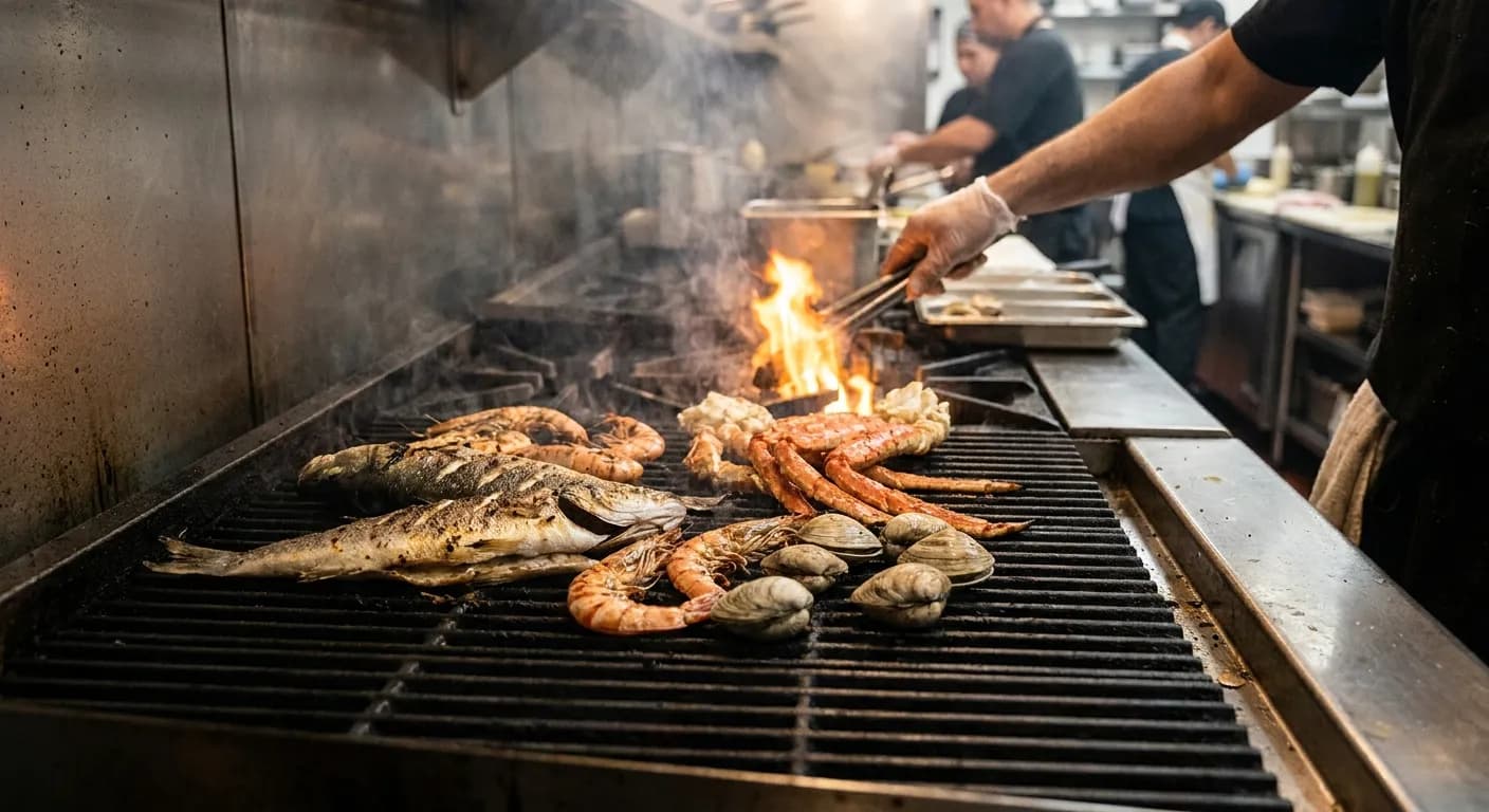 Seafood grilling over an open flame in a casual market kitchen
