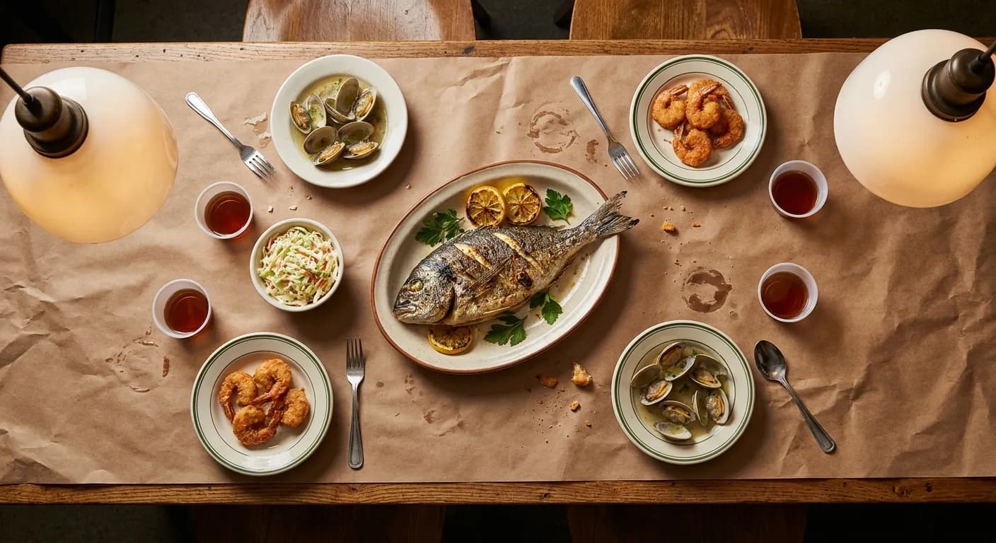 A shared table of grilled fish, shellfish, lemon, and simple sides