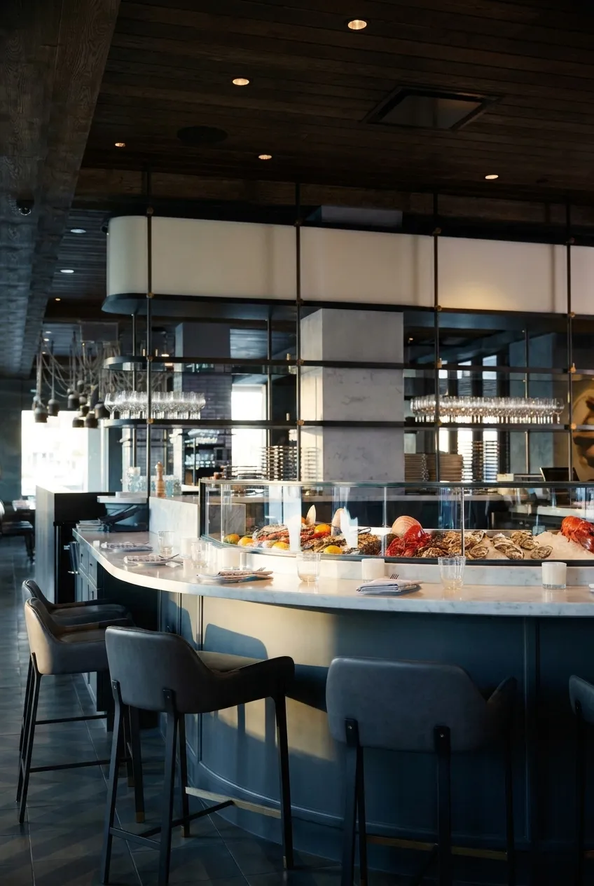Curved marble raw bar counter with a glass seafood display and leather stools inside The Fulton at Pier 17