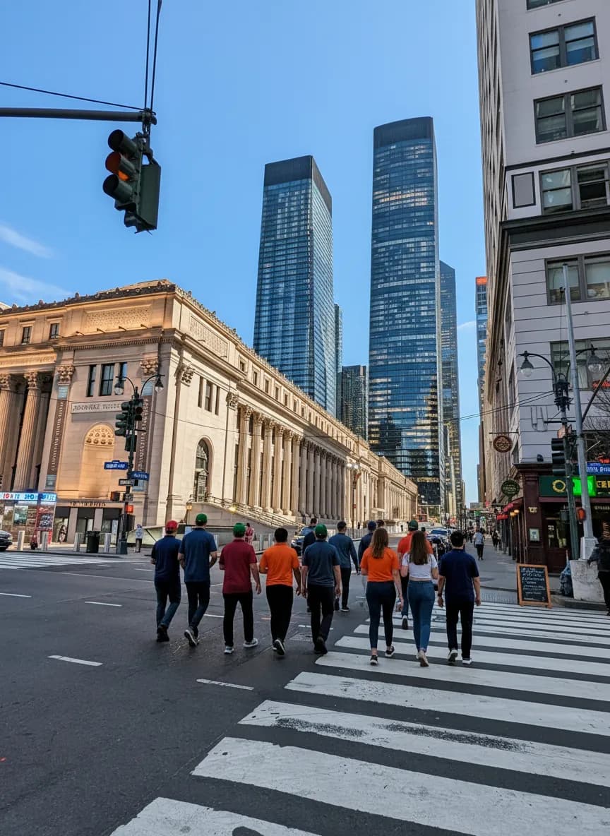 A West 33rd Street crossing in Manhattan on a bright September Saturday morning, a group in solid-colour shirts and caps walking the crosswalk toward the side-street pubs