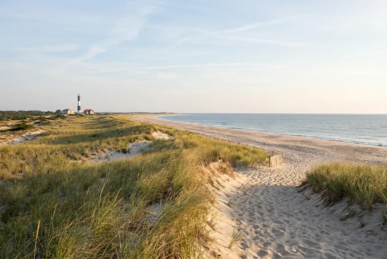 A quiet, empty stretch of barrier-island beach with tall grassy dunes and no crowds under a soft summer sky