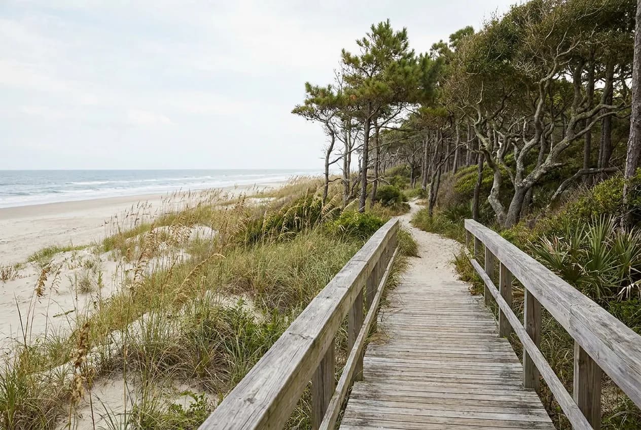 A wild barrier-island landscape of dunes and a maritime forest boardwalk leading toward an empty ocean beach