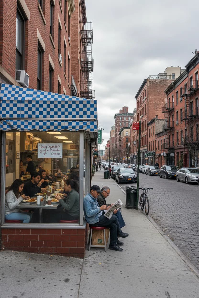 Photorealistic editorial scene for Queens Breakfast Spots That Keep the Morning Affordable in New York City.
