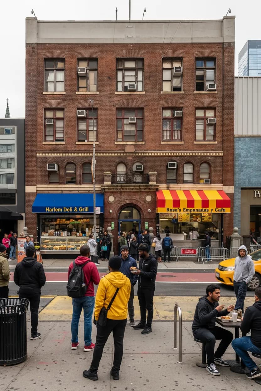 Photorealistic editorial scene for Upper Manhattan Quick Lunch Stops by Major Transit Hubs in New York City.