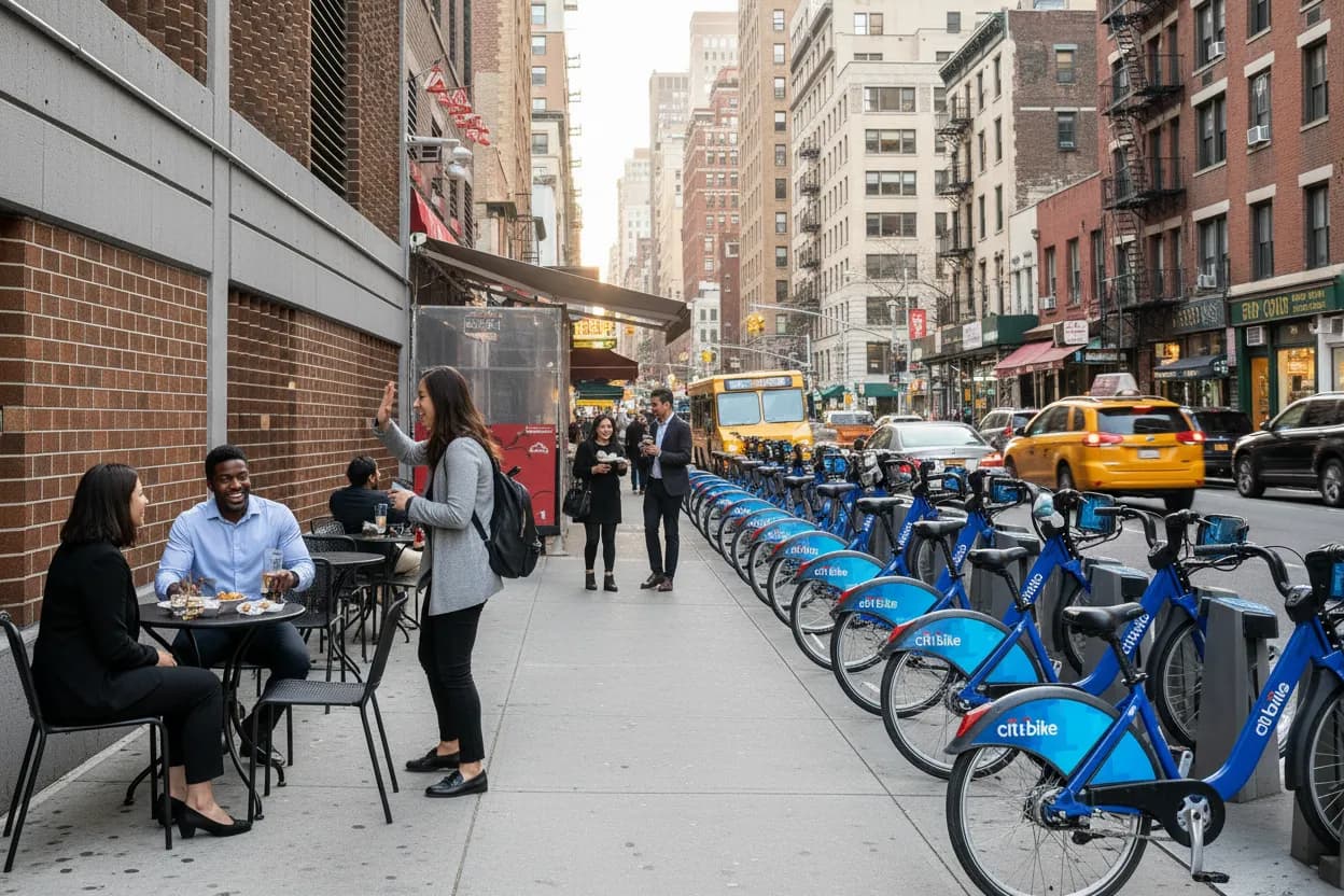 Photorealistic editorial scene for Midtown Happy Hours Where the Food Deserves Attention in New York City.