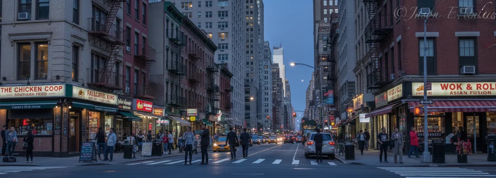 Photorealistic editorial scene for Best Chick-fil-A Alternatives Near Lower Manhattan After Work in New York City.