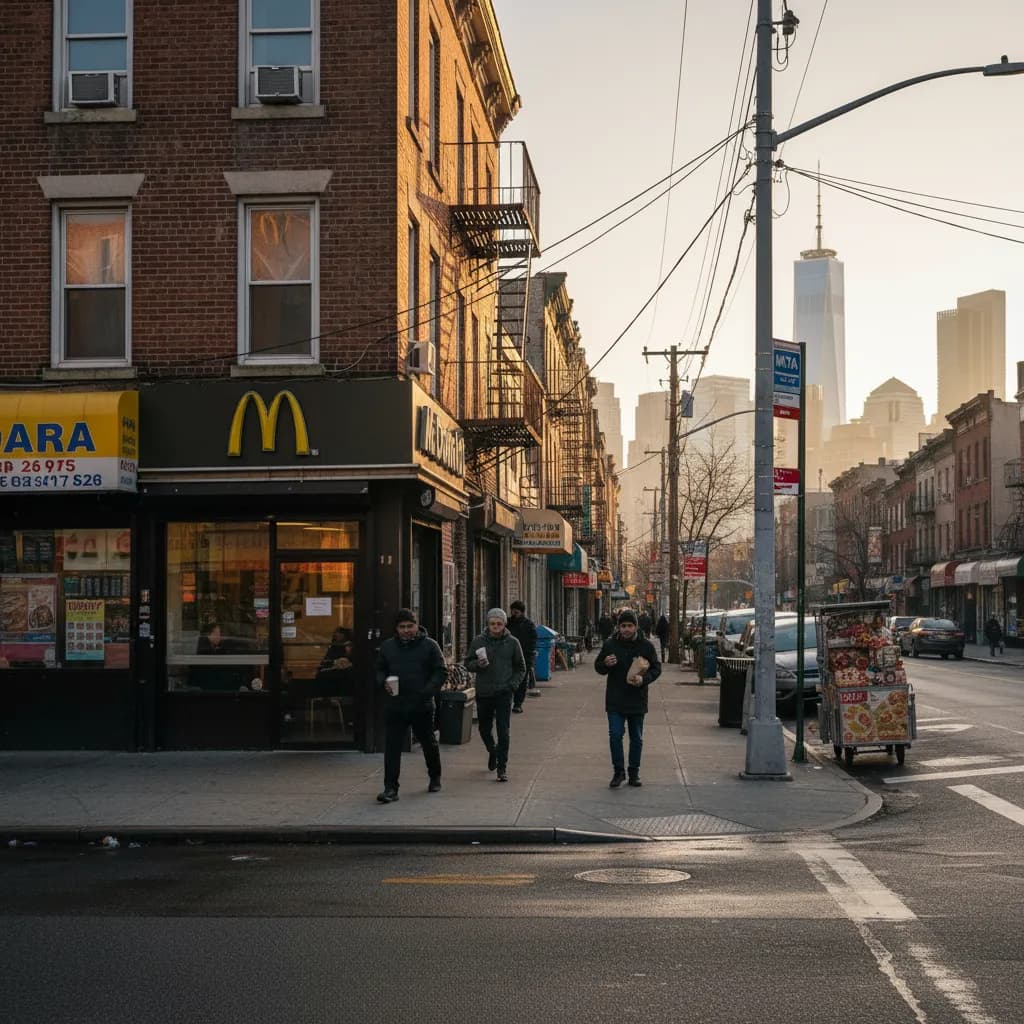 Photorealistic editorial scene for McDonald's Breakfast Near Queens Before the Morning Rush in New York City.