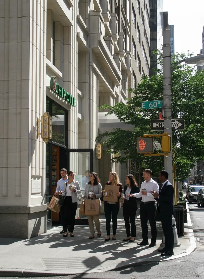 Photorealistic editorial scene for Chipotle Near Upper Manhattan for Fast Group Orders in New York City.