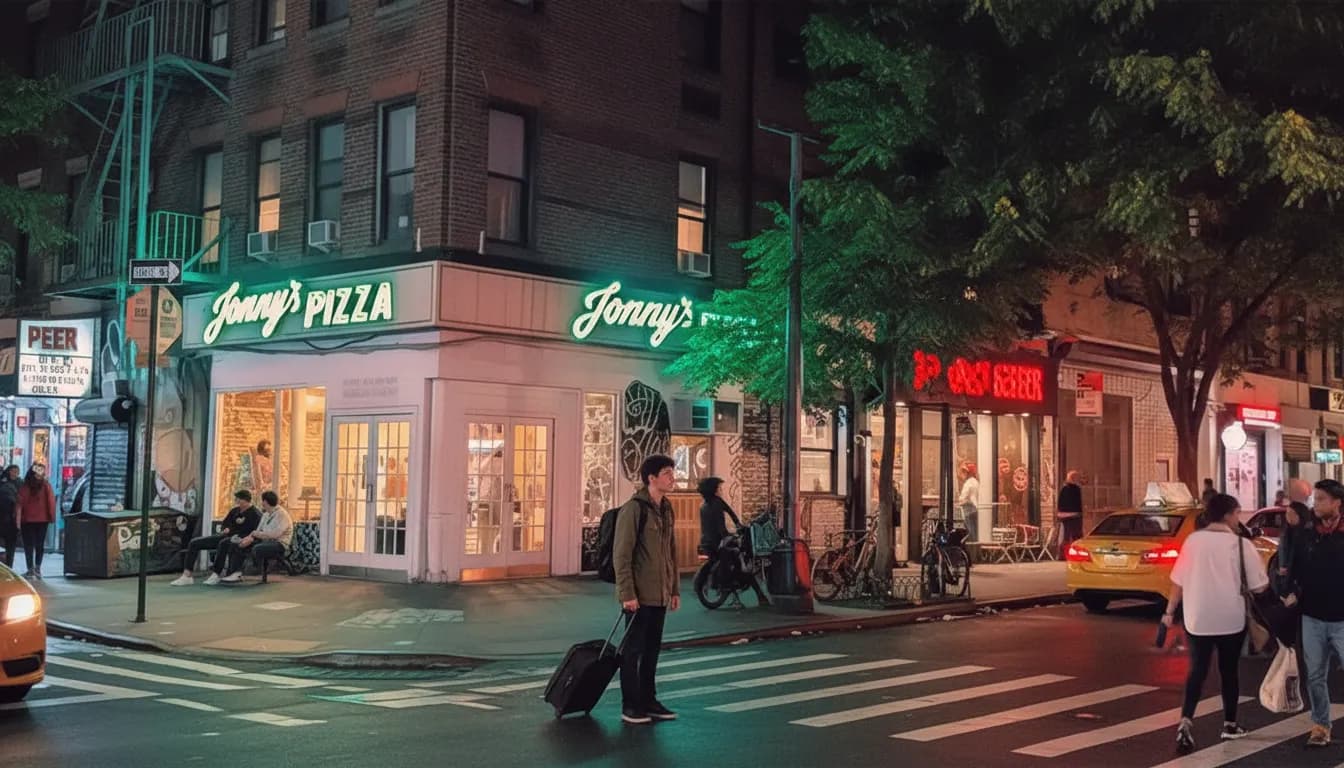 Photorealistic editorial scene for Lower Manhattan Late-Night Bites for After-Hours Arrivals in NYC.