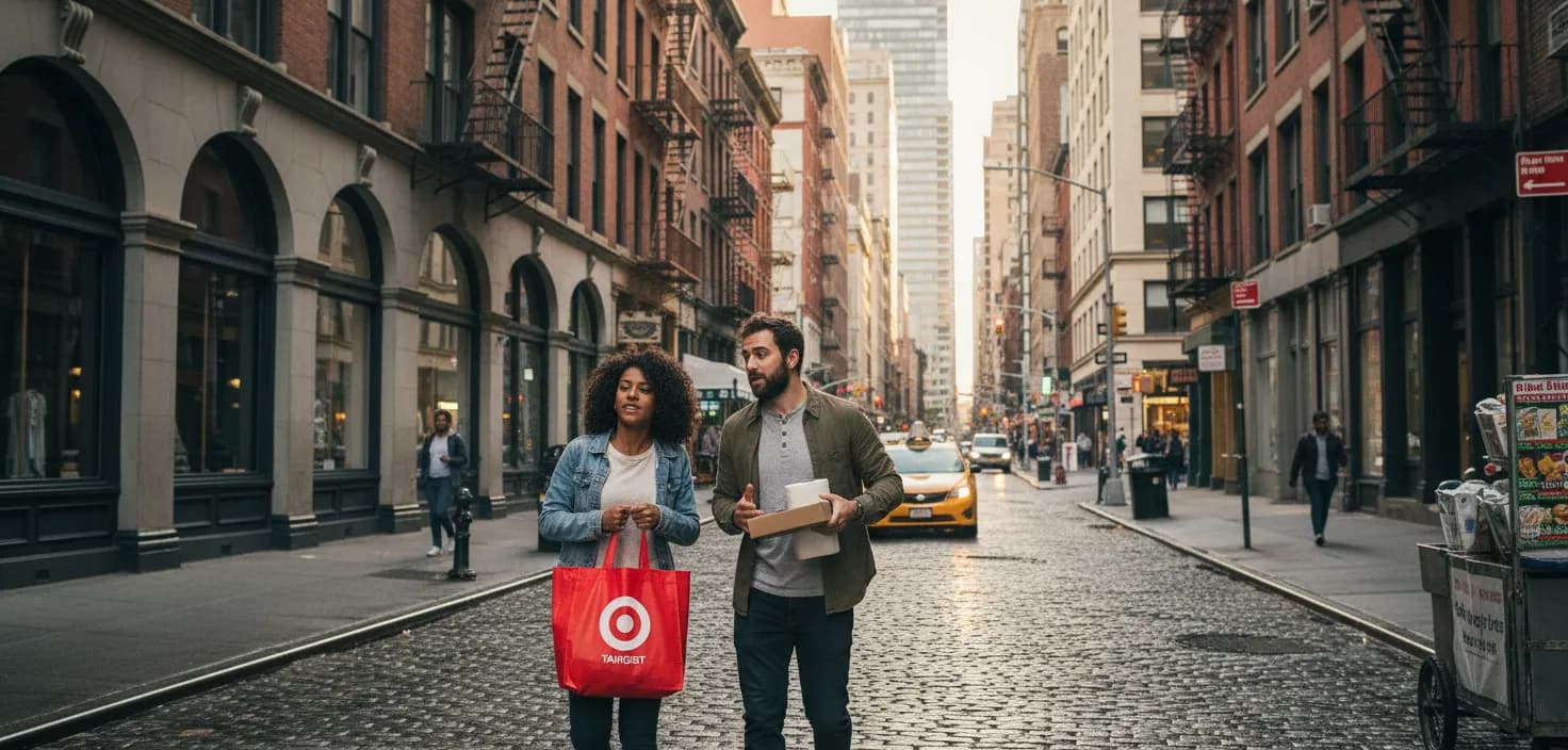Photorealistic editorial scene for Target Near Lower Manhattan for Same-Day Apartment Essentials in New York City.