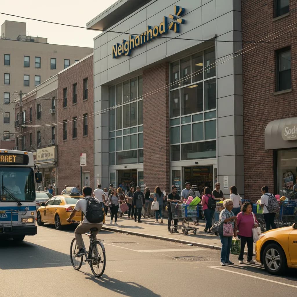 Photorealistic editorial scene for Walmart Near Queens for Affordable Weekend Supplies in New York City.