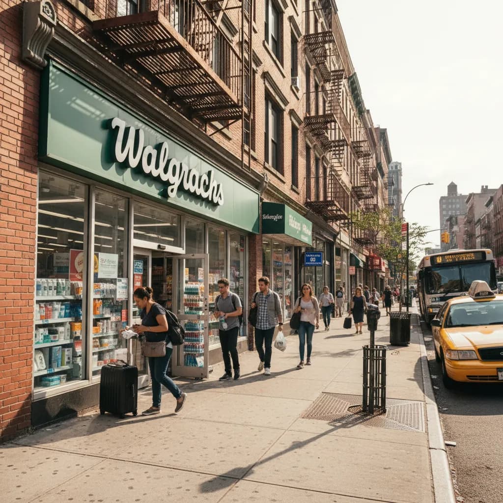 Photorealistic editorial scene for Walgreens Near Queens for Same-Day Travel Essentials in New York City.